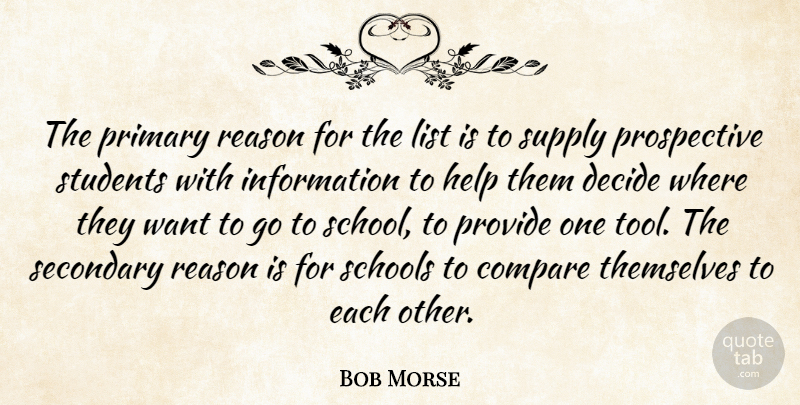 Bob Morse Quote About Compare, Decide, Help, Information, List: The Primary Reason For The...