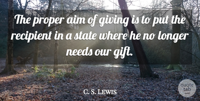 C. S. Lewis Quote About Giving, Needs, States: The Proper Aim Of Giving...