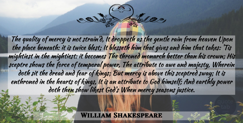 William Shakespeare Quote About Kings, Rain, Heart: The Quality Of Mercy Is...