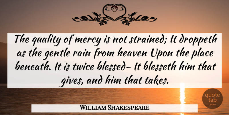 William Shakespeare Quote About Gentle, Heaven, Mercy, Quality, Rain: The Quality Of Mercy Is...