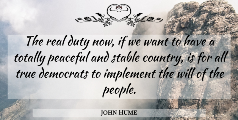 John Hume Quote About Democrats, Duty, Implement, Peaceful, Stable: The Real Duty Now If...