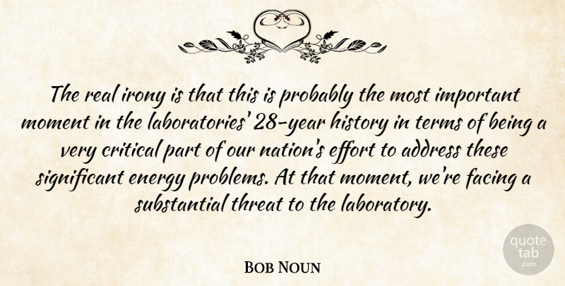 Bob Noun Quote About Address, Critical, Effort, Energy, Facing: The Real Irony Is That...