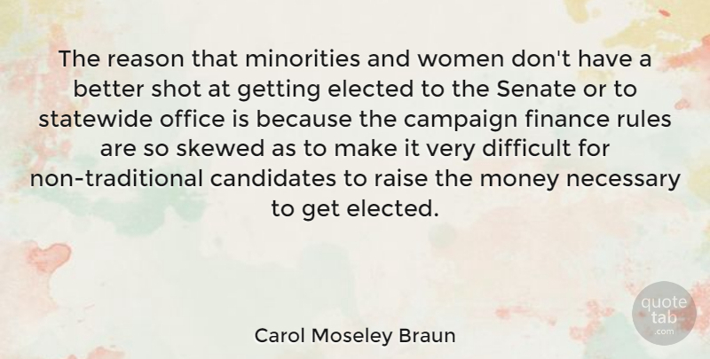 Carol Moseley Braun Quote About Campaign, Candidates, Difficult, Elected, Finance: The Reason That Minorities And...