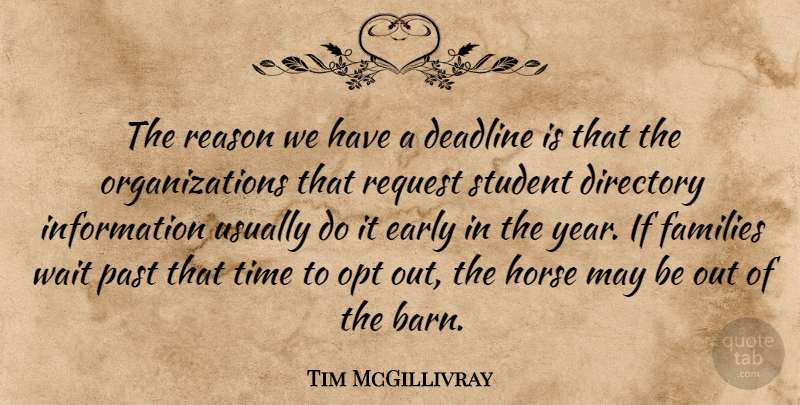 Tim McGillivray Quote About Deadline, Early, Families, Horse, Information: The Reason We Have A...