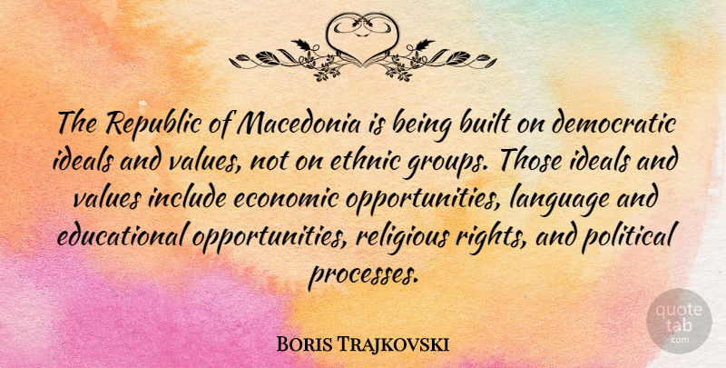 Boris Trajkovski Quote About Built, Democratic, Economic, Ethnic, Ideals: The Republic Of Macedonia Is...