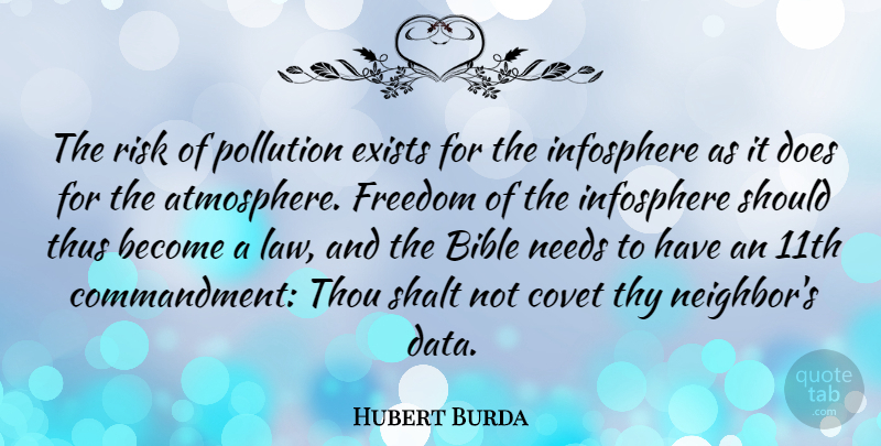 Hubert Burda Quote About Bible, Covet, Exists, Freedom, Needs: The Risk Of Pollution Exists...
