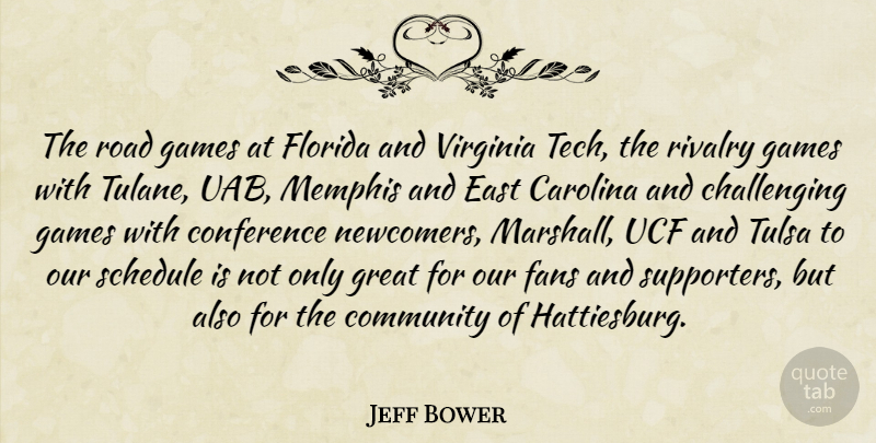 Jeff Bower Quote About Carolina, Community, Conference, East, Fans: The Road Games At Florida...