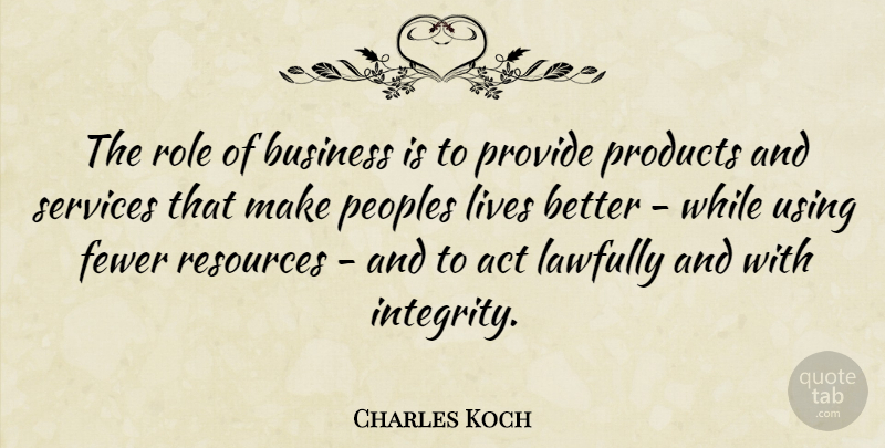 Charles Koch Quote About Integrity, Roles, Resources: The Role Of Business Is...