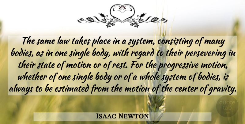 Isaac Newton Quote About Center, Estimated, Motion, Regard, Single: The Same Law Takes Place...