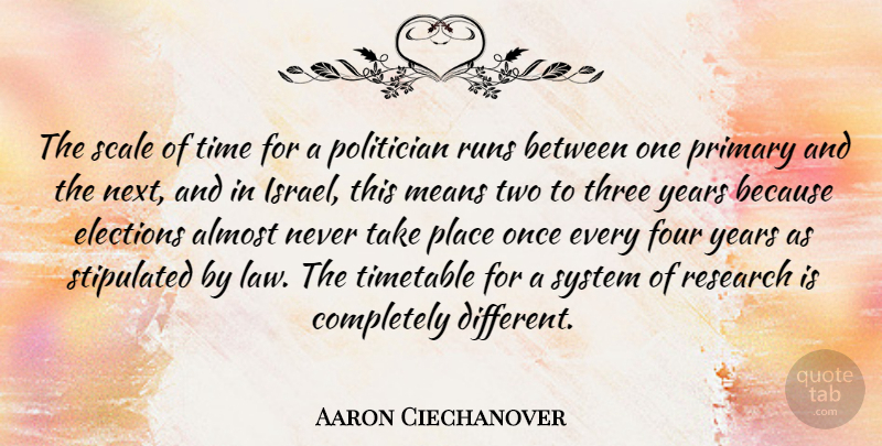 Aaron Ciechanover Quote About Almost, Elections, Four, Means, Politician: The Scale Of Time For...