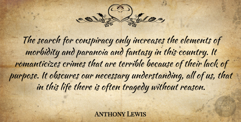 Anthony Lewis Quote About Conspiracy, Crimes, Elements, Fantasy, Increases: The Search For Conspiracy Only...