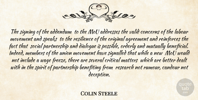 Colin Steele Quote About Agreement, Concerns, Critical, Dealt, Dialogue: The Signing Of The Addendum...