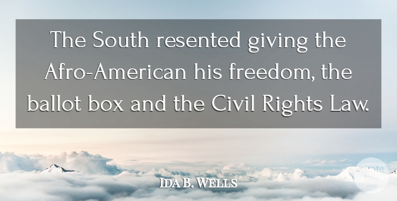 Ida B. Wells Quote About Law, Rights, Giving: The South Resented Giving The...