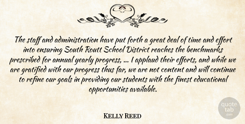 Kelly Reed Quote About Annual, Applaud, Content, Continue, Deal: The Staff And Administration Have...