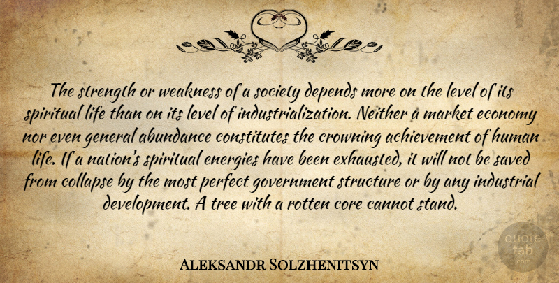 Aleksandr Solzhenitsyn Quote About Spiritual, Government, Perfect: The Strength Or Weakness Of...
