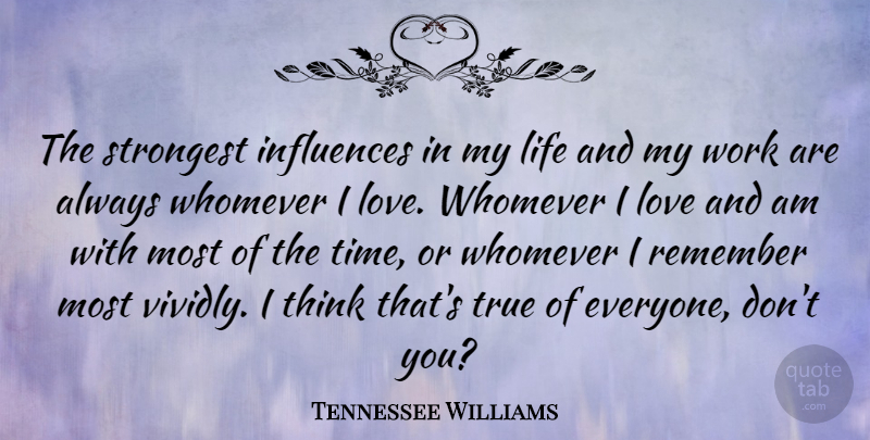 Tennessee Williams Quote About Love, Thinking, Remember: The Strongest Influences In My...