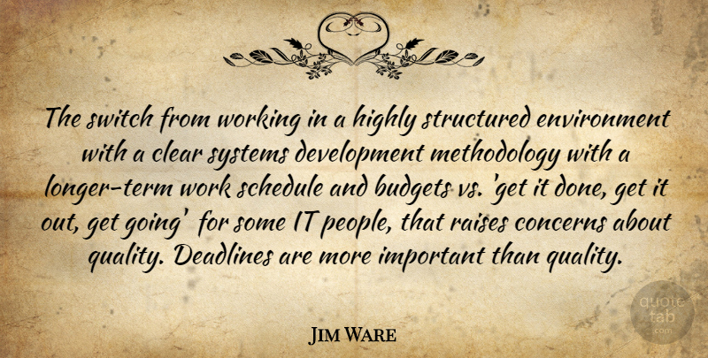 Jim Ware Quote About Budgets, Clear, Concerns, Deadlines, Environment: The Switch From Working In...