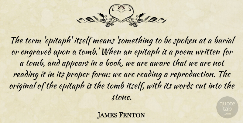 James Fenton Quote About Appears, Aware, Burial, Cut, Epitaph: The Term Epitaph Itself Means...