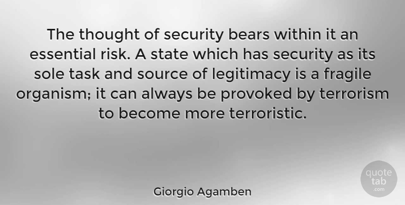 Giorgio Agamben Quote About Bears, Essential, Fragile, Legitimacy, Sole: The Thought Of Security Bears...
