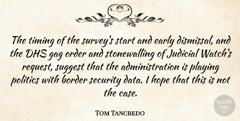 Tom Tancredo Quote About Border, Early, Gag, Hope, Judicial: The Timing Of The Surveys...