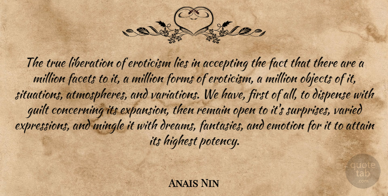 Anais Nin Quote About Dream, Lying, Expression: The True Liberation Of Eroticism...