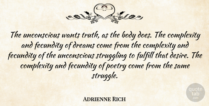 Adrienne Rich Quote About Dream, Struggle, Desire: The Unconscious Wants Truth As...