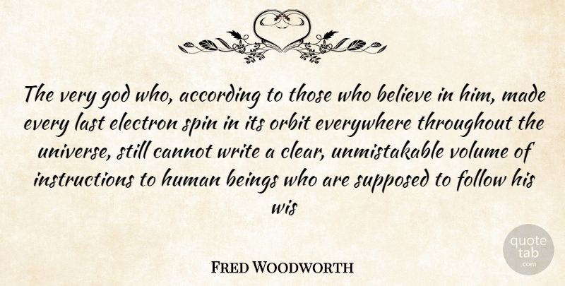 Fred Woodworth Quote About According, Beings, Believe, Cannot, Electron: The Very God Who According...