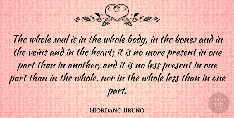 Giordano Bruno Quote About Bones, Less, Nor, Present, Veins: The Whole Soul Is In...