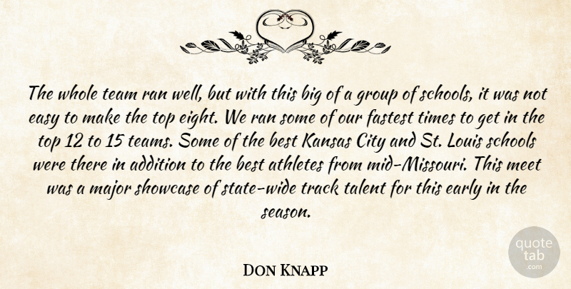 Don Knapp Quote About Addition, Athletes, Best, City, Early: The Whole Team Ran Well...