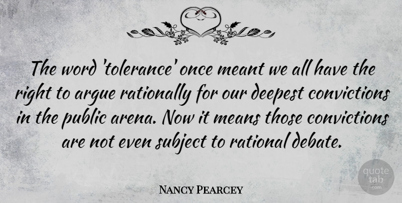 Nancy Pearcey Quote About Mean, Tolerance, Arena: The Word Tolerance Once Meant...