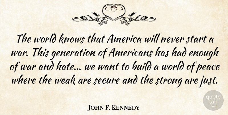 John F. Kennedy Quote About Peace, Strong, War: The World Knows That America...
