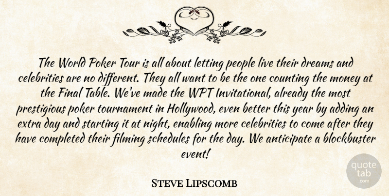 Steve Lipscomb Quote About Adding, Anticipate, Completed, Counting, Dreams: The World Poker Tour Is...