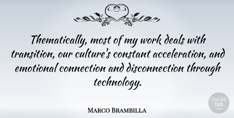 Marco Brambilla Quote About Connection, Constant, Deals, Emotional, Technology: Thematically Most Of My Work...