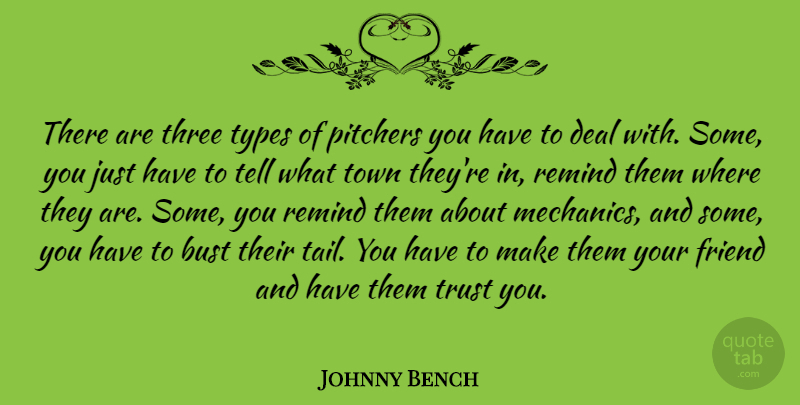 Johnny Bench Quote About Bust, Deal, Friend, Pitchers, Remind: There Are Three Types Of...