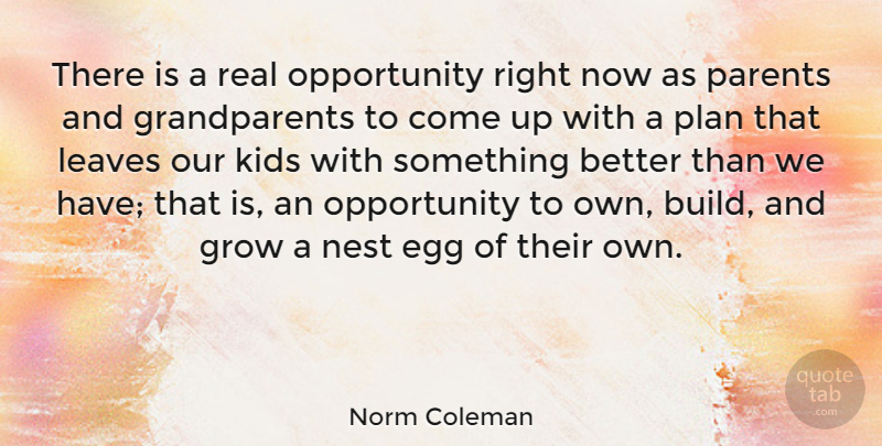 Norm Coleman Quote About Egg, Kids, Leaves, Nest, Opportunity: There Is A Real Opportunity...