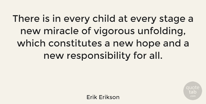 Erik Erikson Quote About Hope, Miracle, Responsibility, Vigorous: There Is In Every Child...