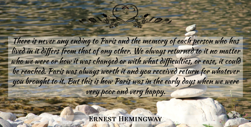 Ernest Hemingway Quote About Memories, Paris, Ease: There Is Never Any Ending...