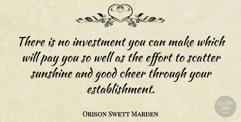 Orison Swett Marden Quote About Being Happy, Cheer, Sunshine: There Is No Investment You...