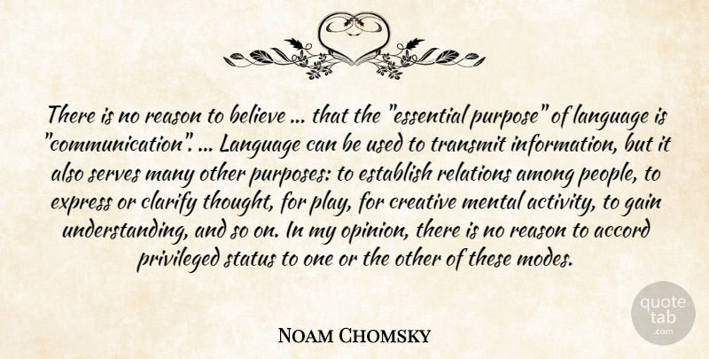 Noam Chomsky Quote About Believe, Communication, Play: There Is No Reason To...