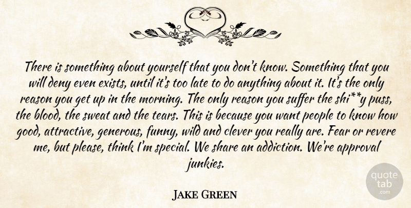 Jake Green Quote About Approval, Clever, Deny, Fear, Late: There Is Something About Yourself...