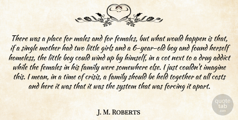 J. M. Roberts Quote About Addict, Boy, Costs, Family, Females: There Was A Place For...