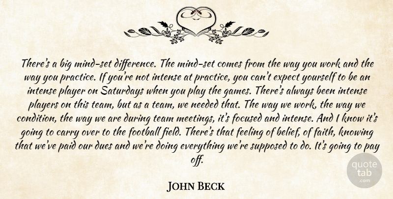 John Beck Quote About Carry, Dues, Expect, Feeling, Focused: Theres A Big Mind Set...