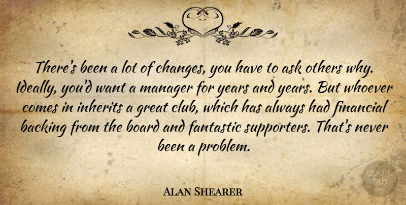 Alan Shearer Quote About Ask, Backing, Board, Fantastic, Financial: Theres Been A Lot Of...