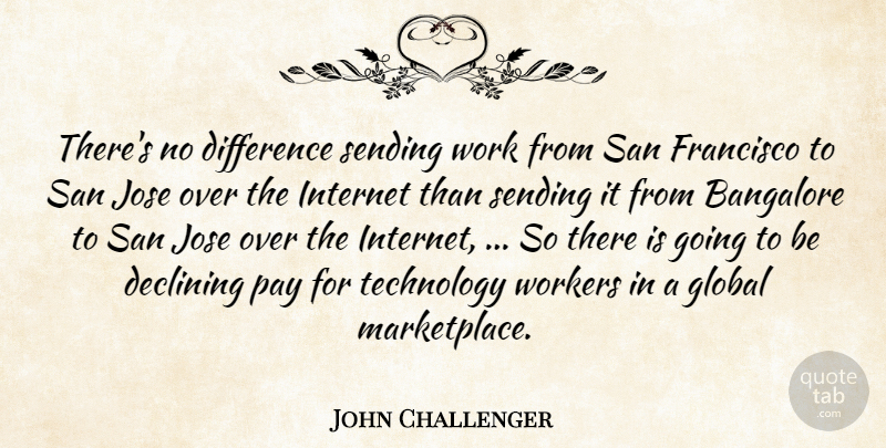 John Challenger Quote About Declining, Difference, Francisco, Global, Internet: Theres No Difference Sending Work...