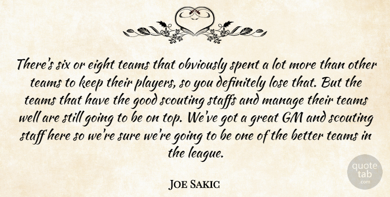 Joe Sakic Quote About Definitely, Eight, Gm, Good, Great: Theres Six Or Eight Teams...