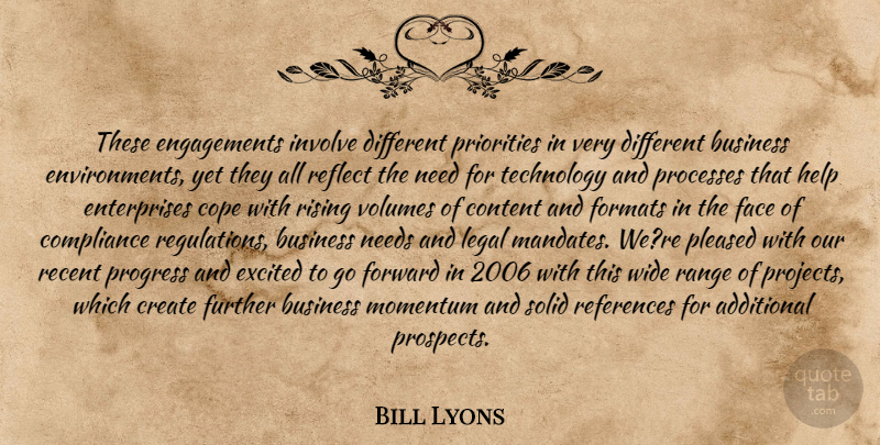 Bill Lyons Quote About Additional, Business, Compliance, Content, Cope: These Engagements Involve Different Priorities...