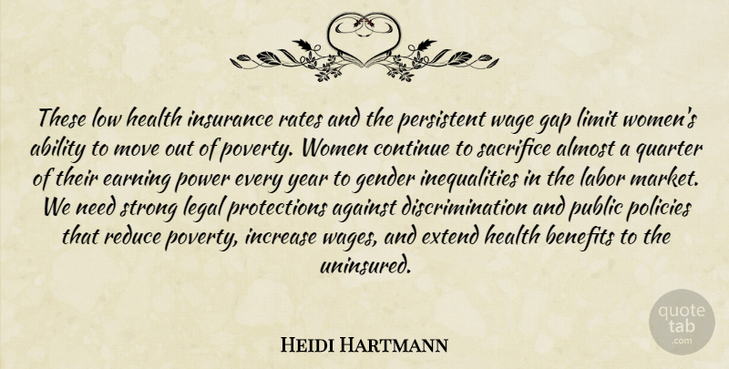 Heidi Hartmann Quote About Ability, Against, Almost, Benefits, Continue: These Low Health Insurance Rates...
