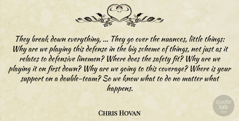 Chris Hovan Quote About Break, Defense, Defensive, Matter, Playing: They Break Down Everything They...