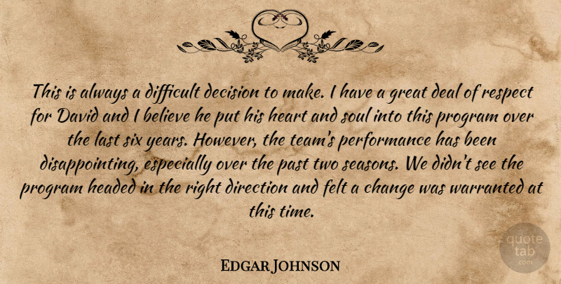 Edgar Johnson Quote About Believe, Change, David, Deal, Decision: This Is Always A Difficult...