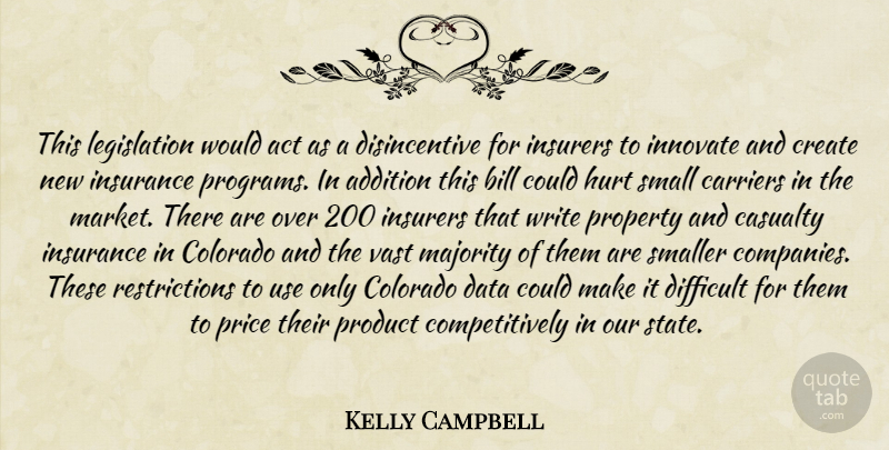 Kelly Campbell Quote About Act, Addition, Bill, Carriers, Casualty: This Legislation Would Act As...